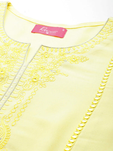 Women Floral Yoke Design Mirror Work Kurta - RueCollections